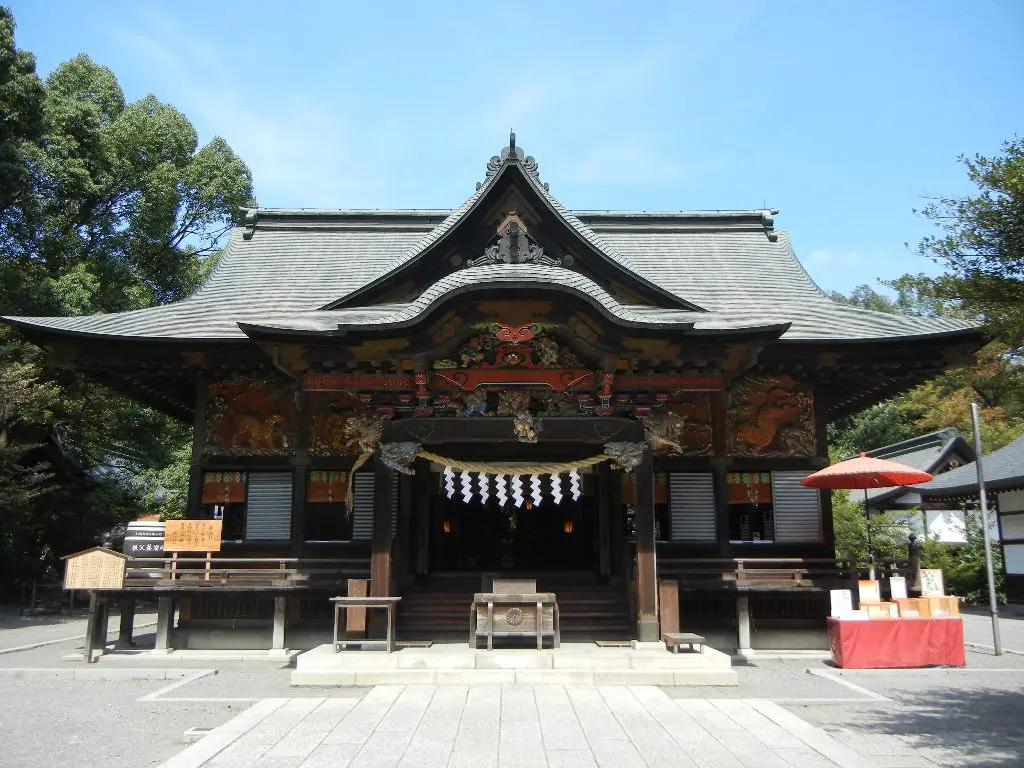 The richly decorated worship hall of Chichibu Shrine