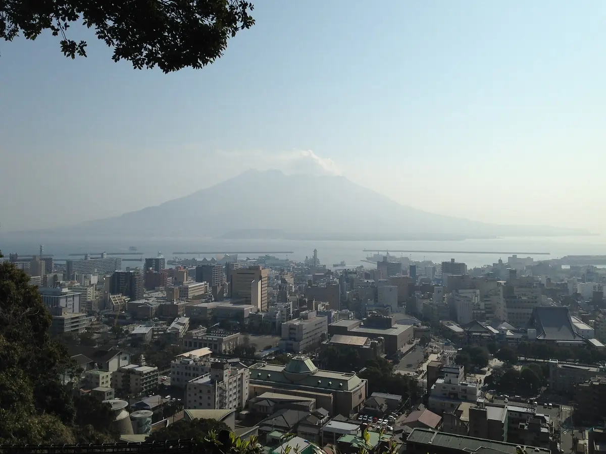 Kagoshima city and Sakurajima seen across Kinko Bay from Mount Shiroyama