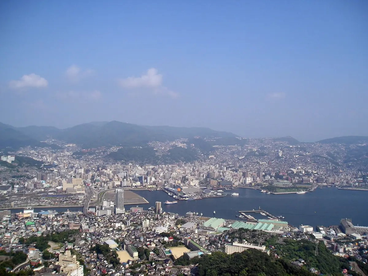 Nagasaki city and harbor spread across the hills below Mount Inasa