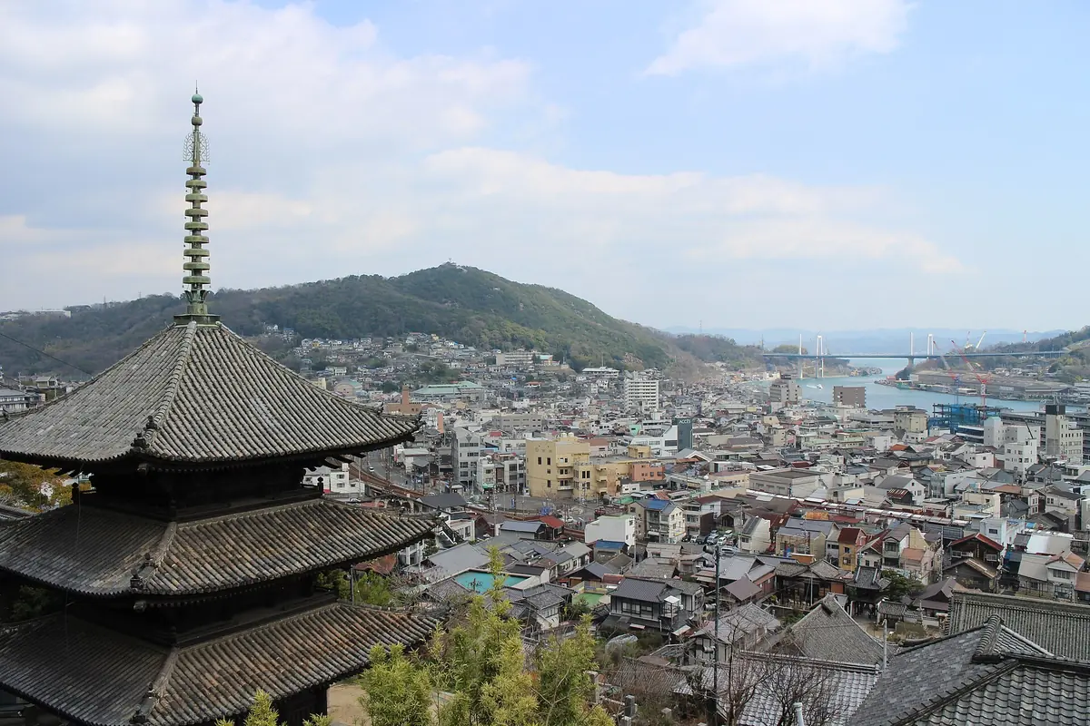 Hillside temples, Onomichi city and the Seto Inland Sea viewed from Senkoji Park