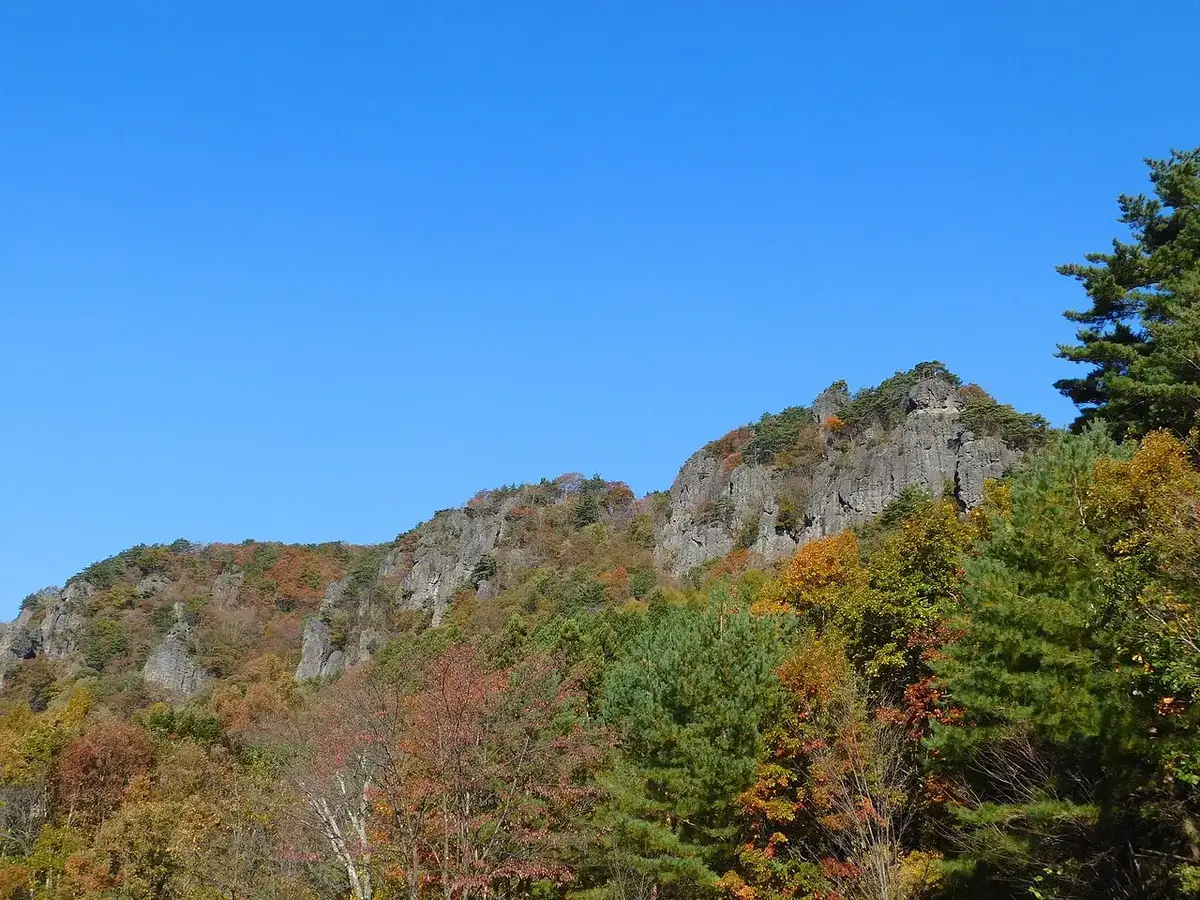 Rocky ridges and autumn forest on Mount Ryozen in Date City, Fukushima